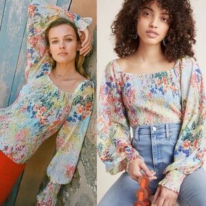 Anthropologie Pastel Rouen Floral Peasant Smocked Puff Sleeve Blouse - Small